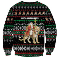United Arab Emirates Christmas Sweatshirt with Santa Riding Cheetah Black Snowflake Pattern and Palm Tree - Wonder Print Shop