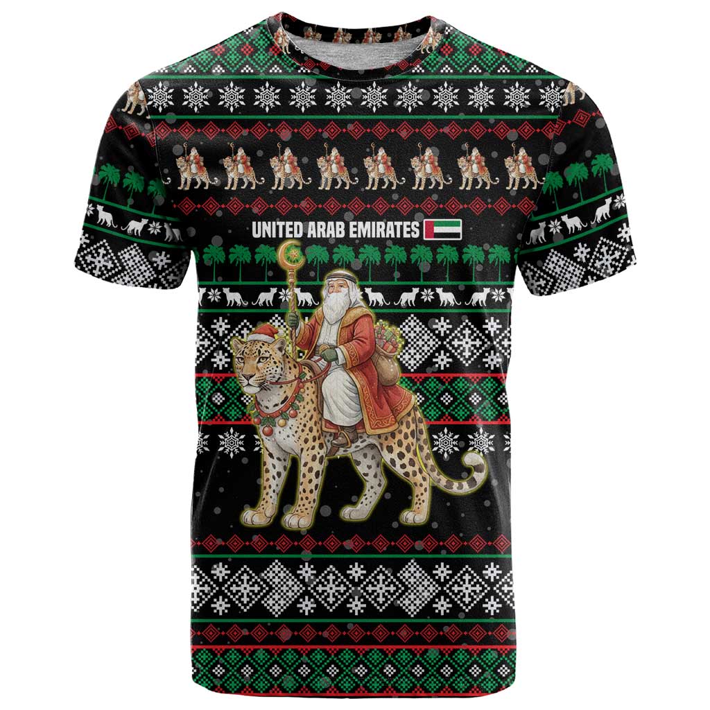 United Arab Emirates Christmas T Shirt with Santa Riding Cheetah Black Snowflake Pattern and Palm Tree - Wonder Print Shop