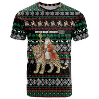 United Arab Emirates Christmas T Shirt with Santa Riding Cheetah Black Snowflake Pattern and Palm Tree - Wonder Print Shop