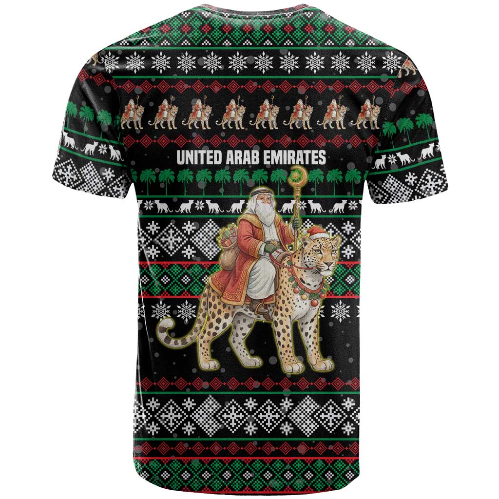 United Arab Emirates Christmas T Shirt with Santa Riding Cheetah Black Snowflake Pattern and Palm Tree - Wonder Print Shop