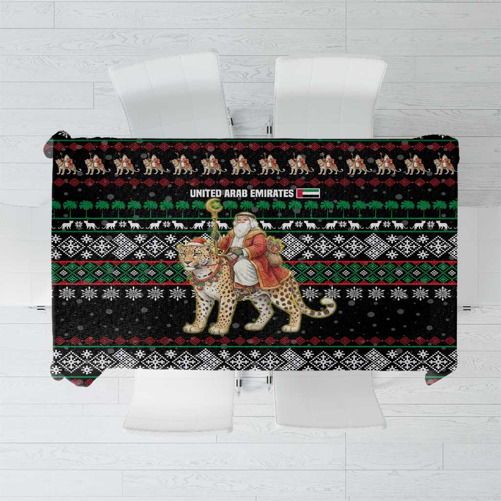 United Arab Emirates Christmas Tablecloth with Santa Riding Cheetah Black Snowflake Pattern and Palm Tree - Wonder Print Shop