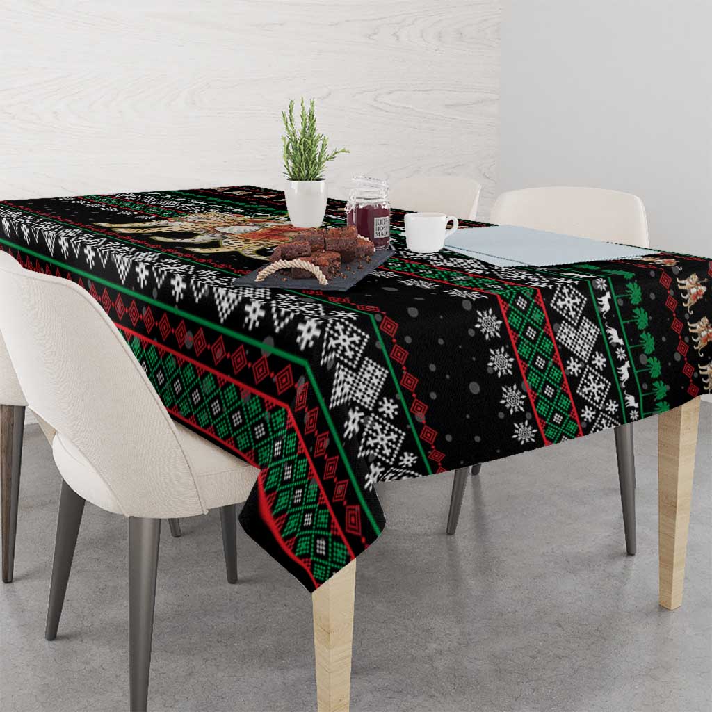 United Arab Emirates Christmas Tablecloth with Santa Riding Cheetah Black Snowflake Pattern and Palm Tree - Wonder Print Shop
