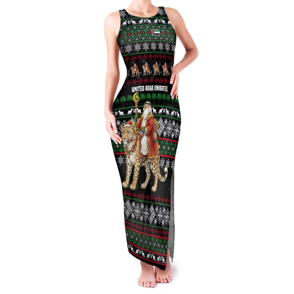 United Arab Emirates Christmas Tank Maxi Dress with Santa Riding Cheetah Black Snowflake Pattern and Palm Tree - Wonder Print Shop