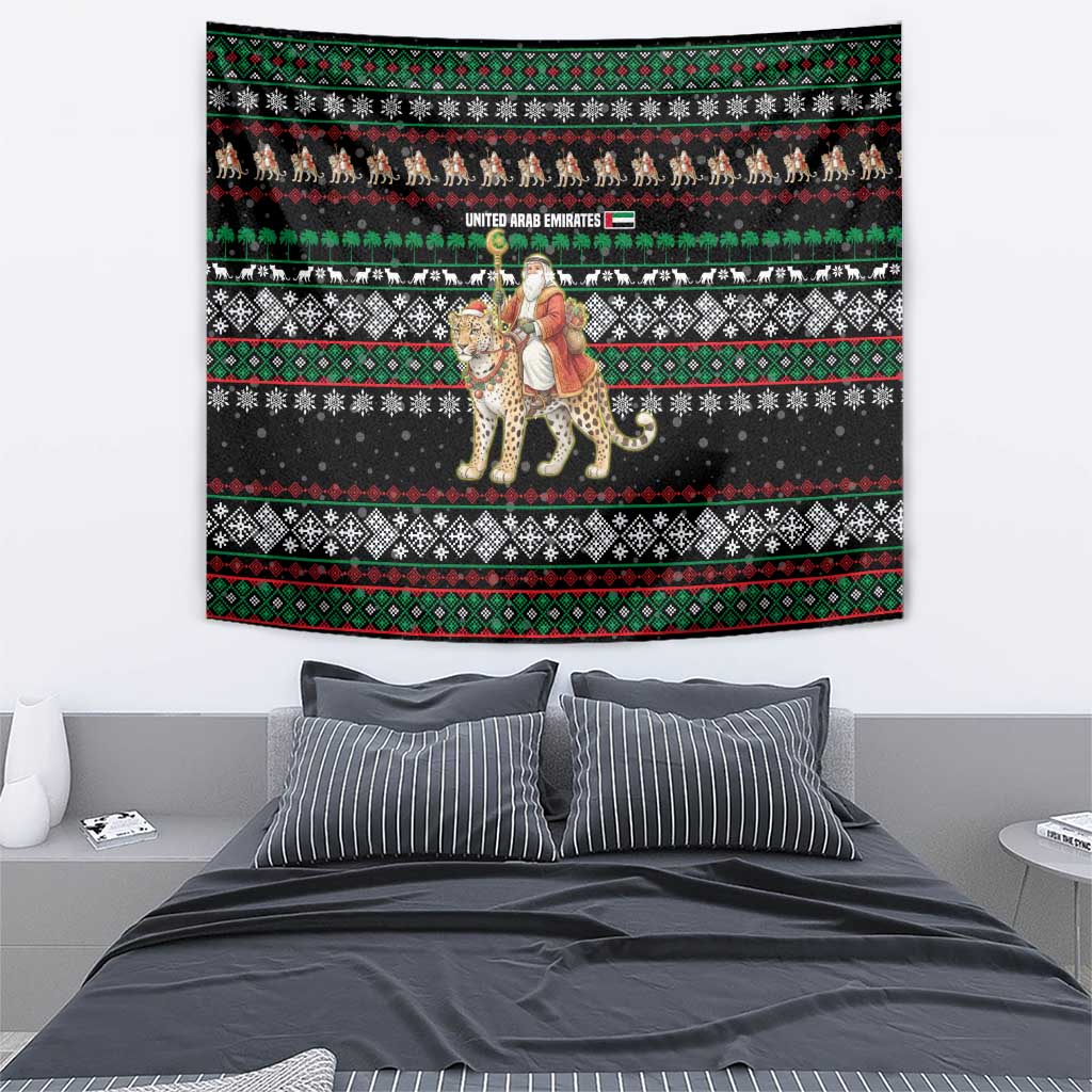 United Arab Emirates Christmas Tapestry with Santa Riding Cheetah Black Snowflake Pattern and Palm Tree - Wonder Print Shop