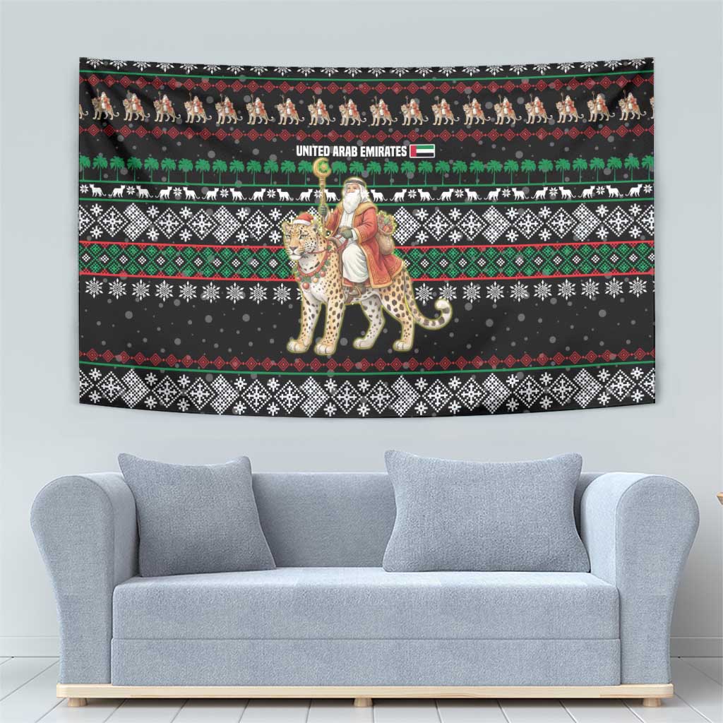 United Arab Emirates Christmas Tapestry with Santa Riding Cheetah Black Snowflake Pattern and Palm Tree - Wonder Print Shop