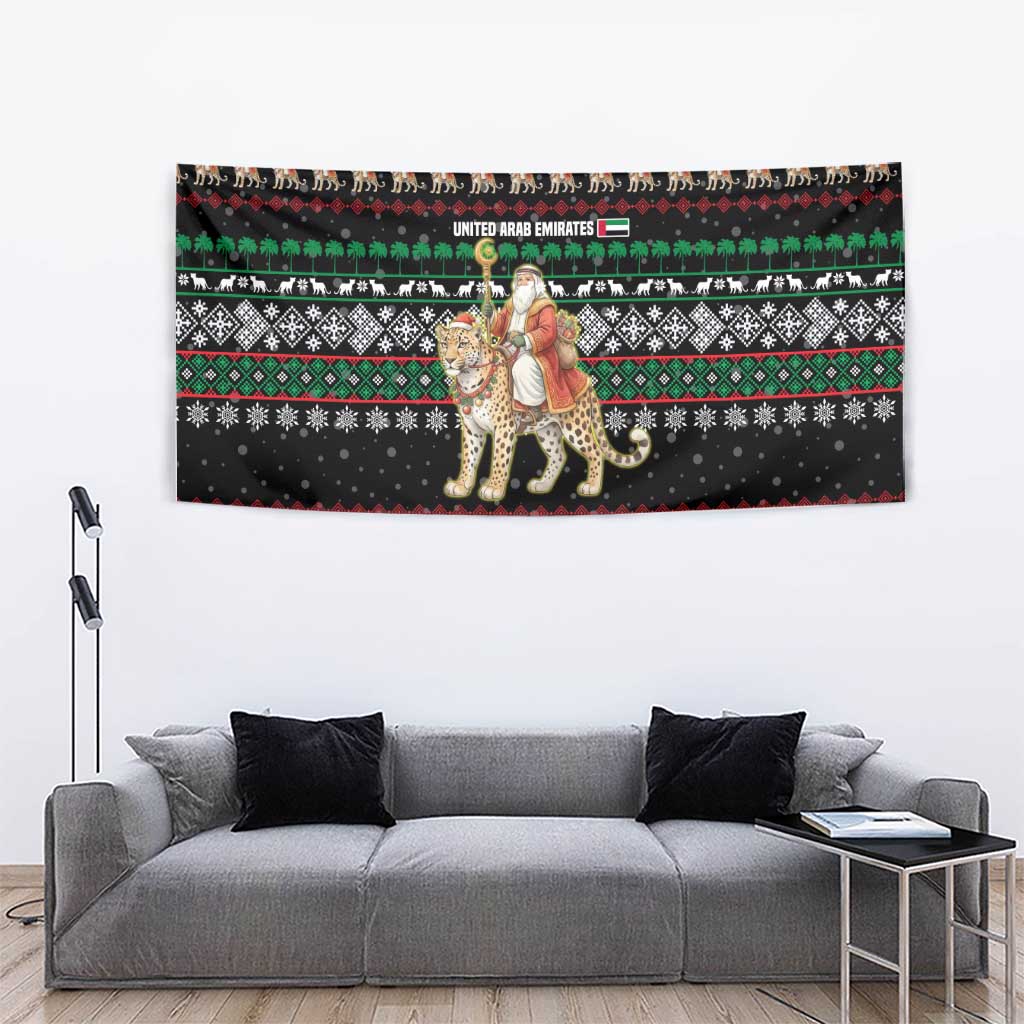 United Arab Emirates Christmas Tapestry with Santa Riding Cheetah Black Snowflake Pattern and Palm Tree - Wonder Print Shop