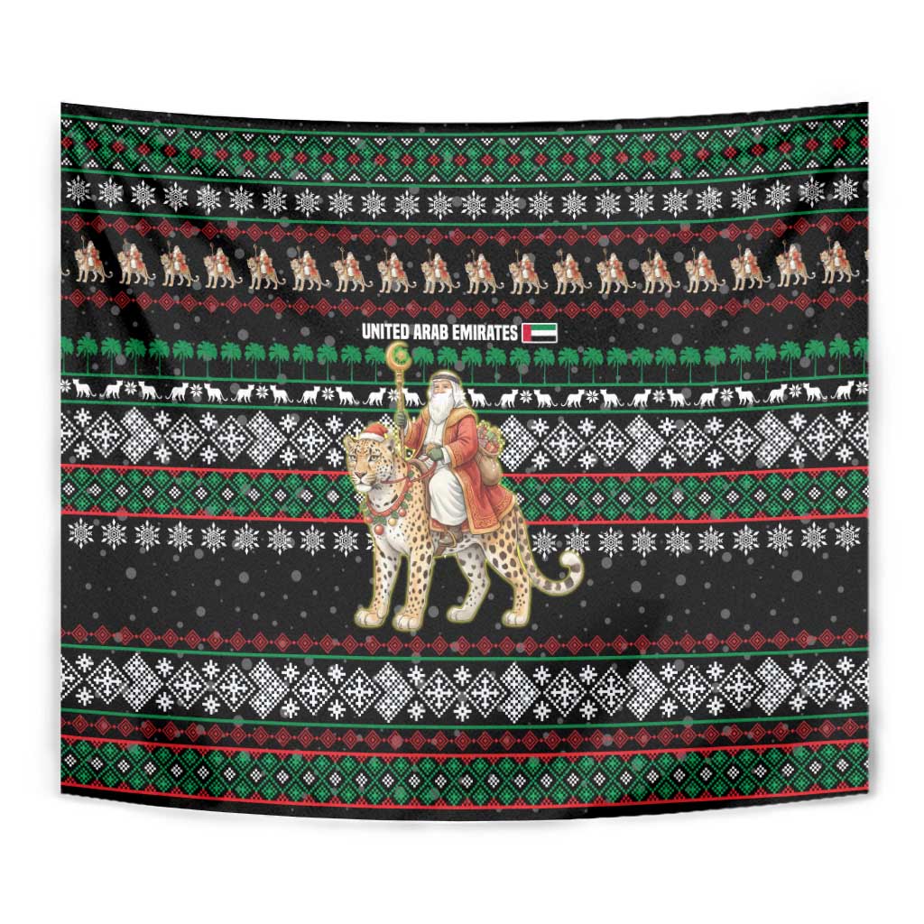 United Arab Emirates Christmas Tapestry with Santa Riding Cheetah Black Snowflake Pattern and Palm Tree - Wonder Print Shop
