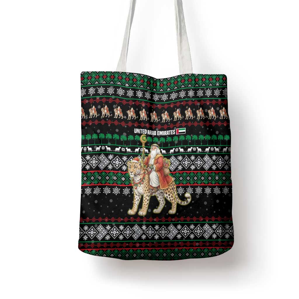 United Arab Emirates Christmas Tote Bag with Santa Riding Cheetah Black Snowflake Pattern and Palm Tree - Wonder Print Shop