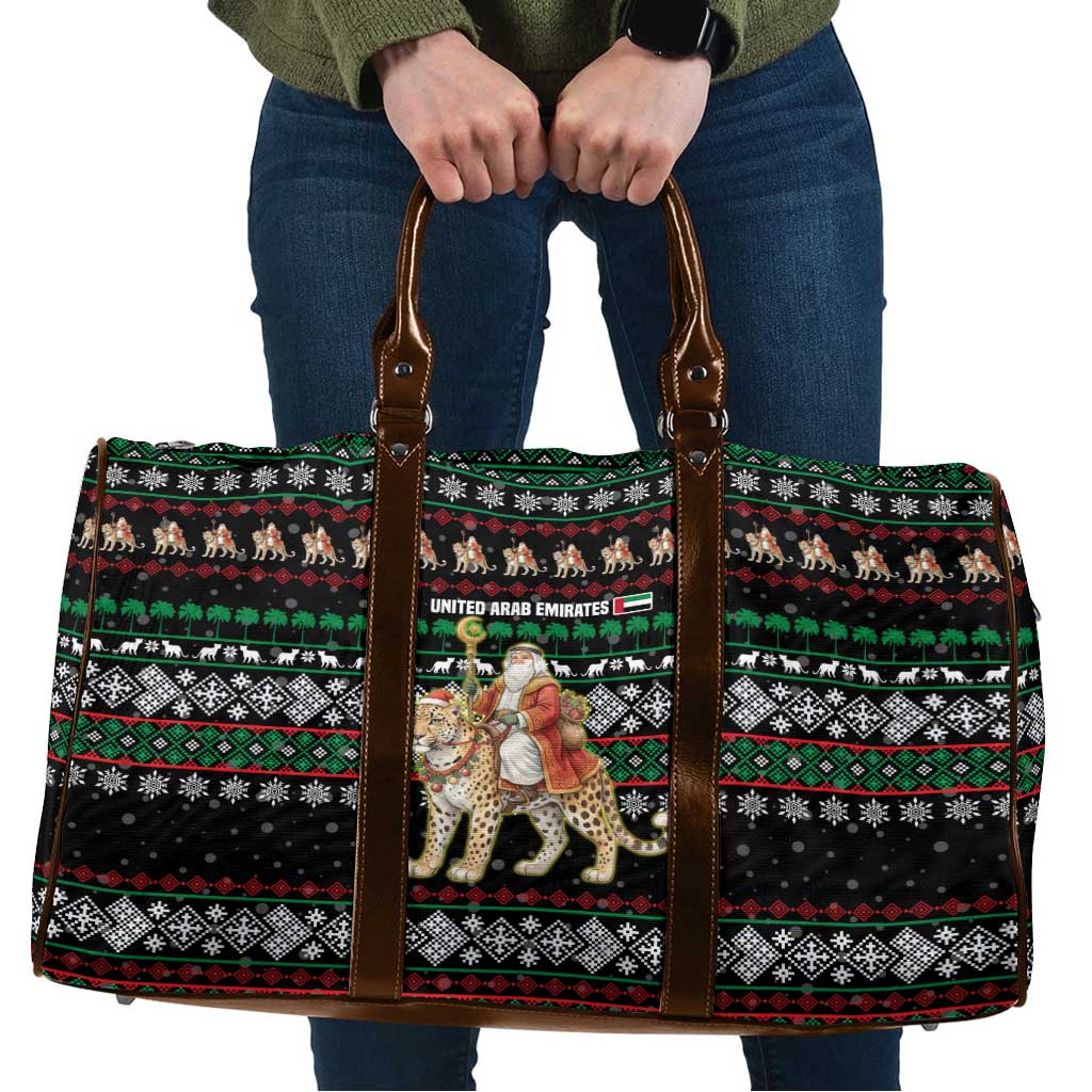 United Arab Emirates Christmas Travel Bag with Santa Riding Cheetah Black Snowflake Pattern and Palm Tree - Wonder Print Shop