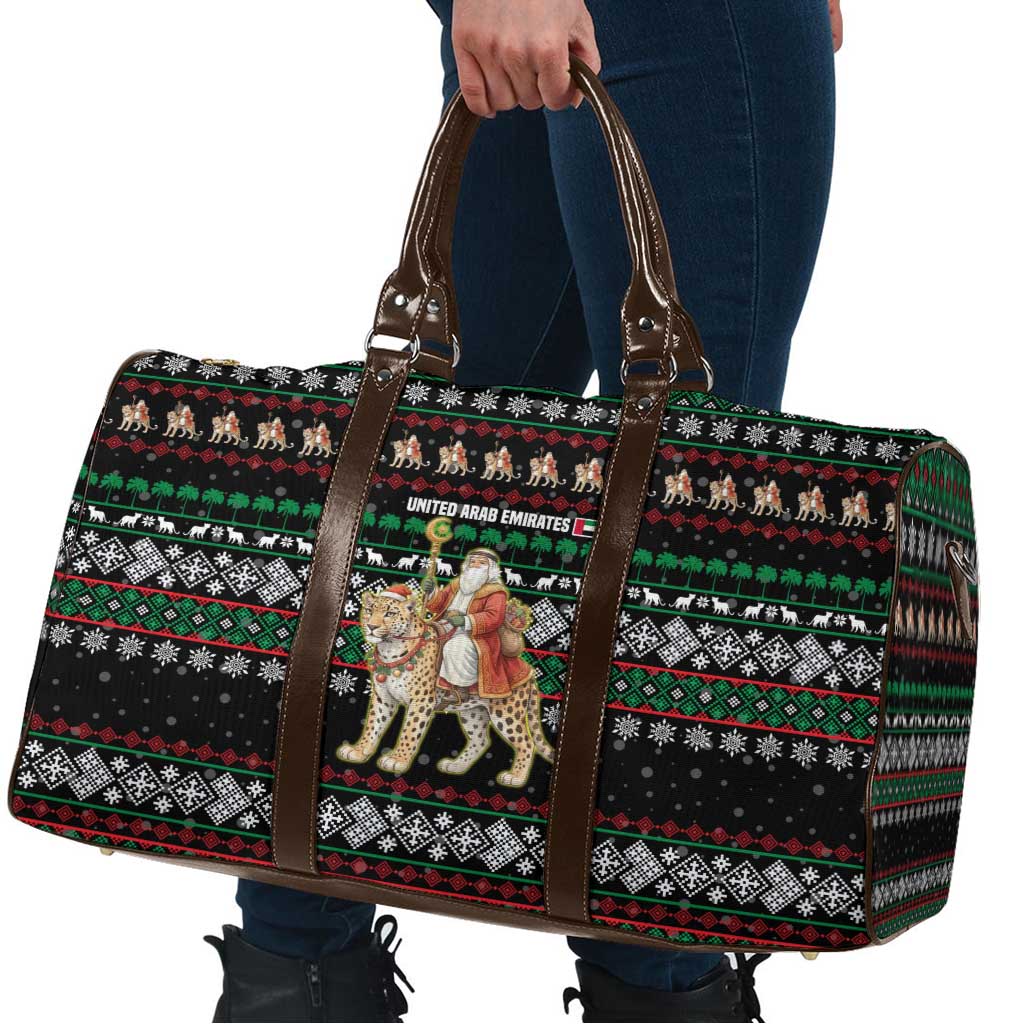 United Arab Emirates Christmas Travel Bag with Santa Riding Cheetah Black Snowflake Pattern and Palm Tree - Wonder Print Shop