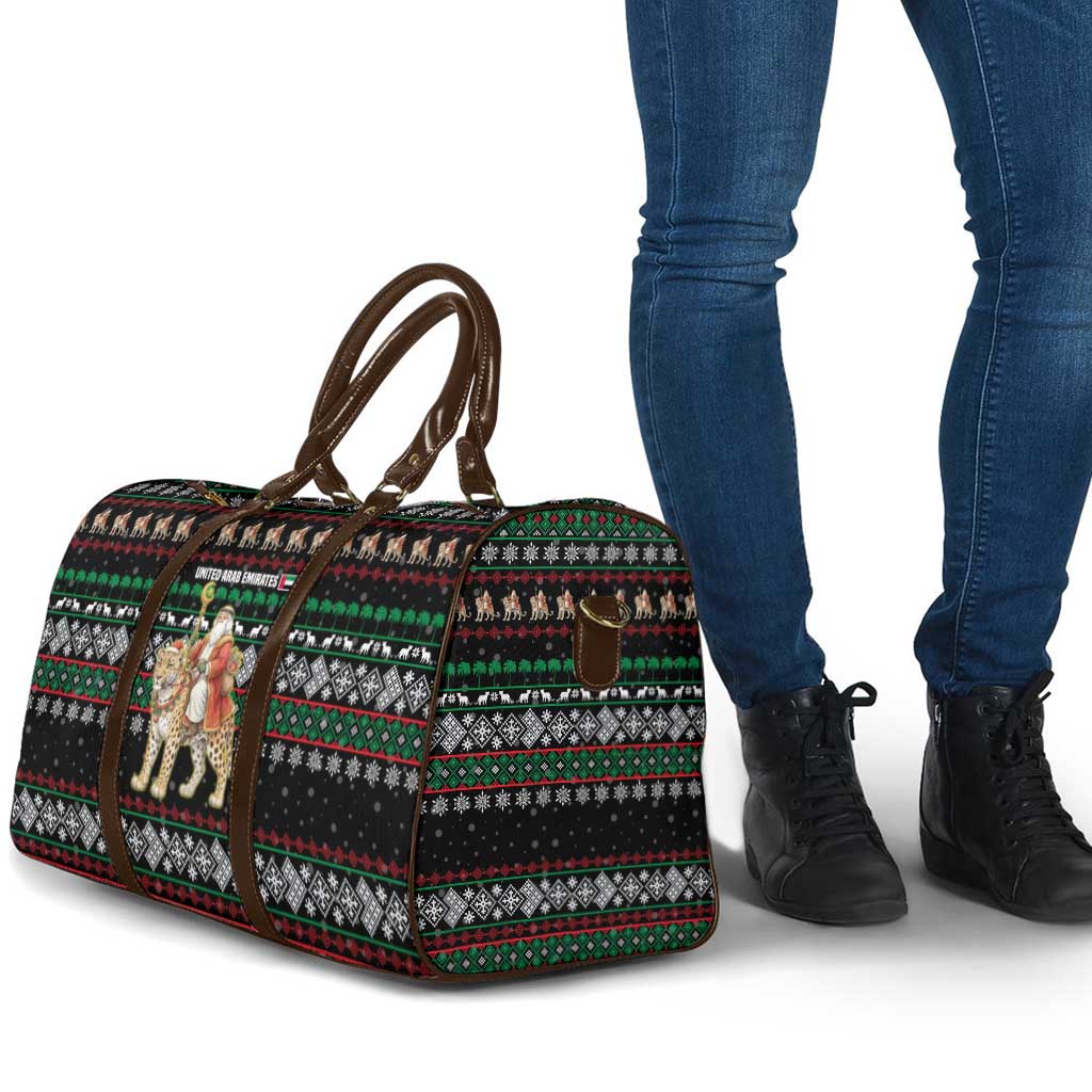 United Arab Emirates Christmas Travel Bag with Santa Riding Cheetah Black Snowflake Pattern and Palm Tree - Wonder Print Shop