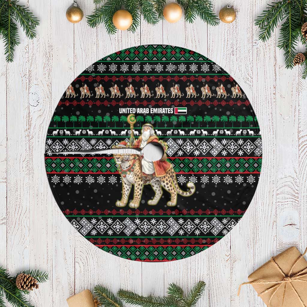 United Arab Emirates Christmas Tree Skirt with Santa Riding Cheetah Black Snowflake Pattern and Palm Tree - Wonder Print Shop