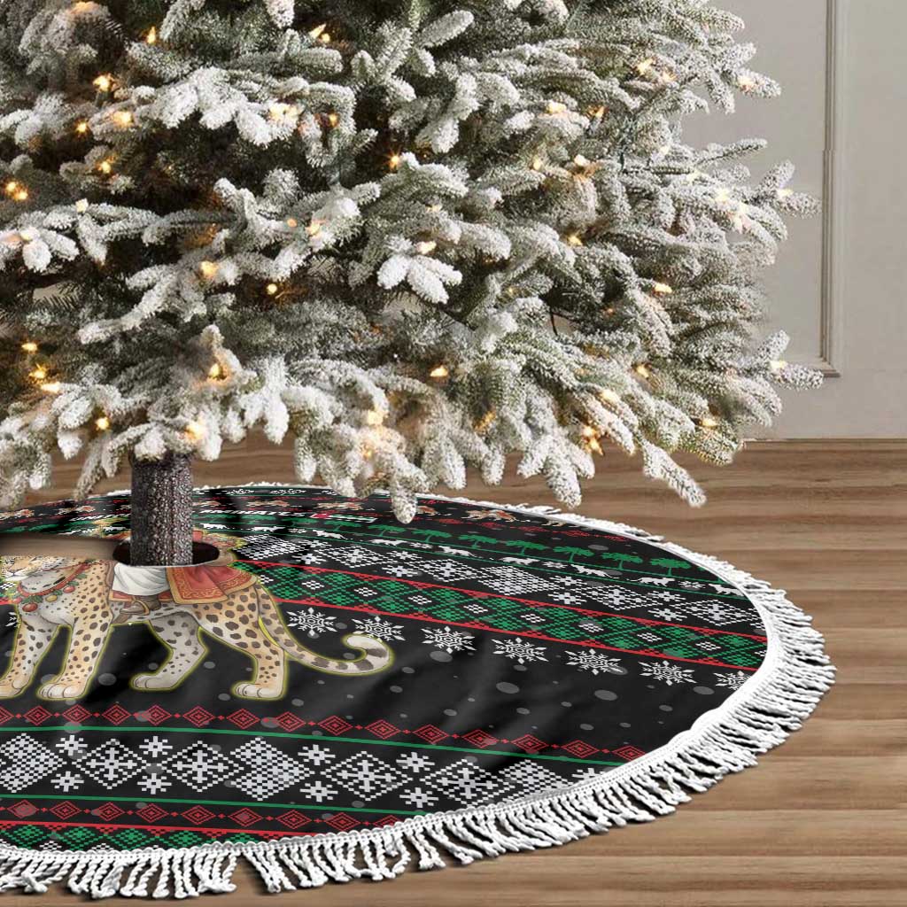 United Arab Emirates Christmas Tree Skirt with Santa Riding Cheetah Black Snowflake Pattern and Palm Tree - Wonder Print Shop