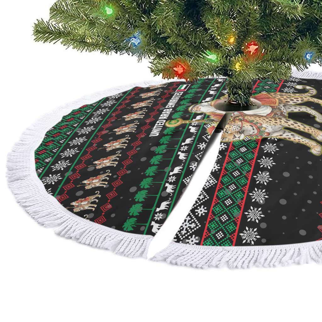 United Arab Emirates Christmas Tree Skirt with Santa Riding Cheetah Black Snowflake Pattern and Palm Tree - Wonder Print Shop