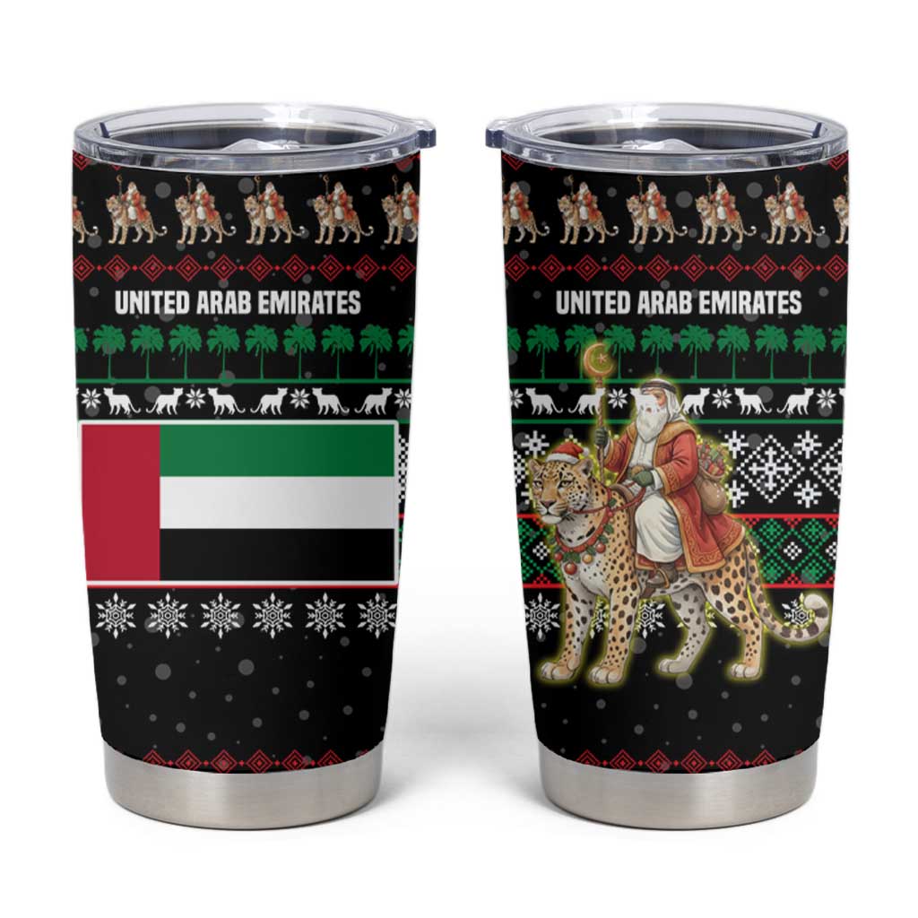 United Arab Emirates Christmas Tumbler Cup with Santa Riding Cheetah Black Snowflake Pattern and Palm Tree - Wonder Print Shop
