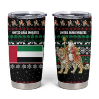 United Arab Emirates Christmas Tumbler Cup with Santa Riding Cheetah Black Snowflake Pattern and Palm Tree - Wonder Print Shop