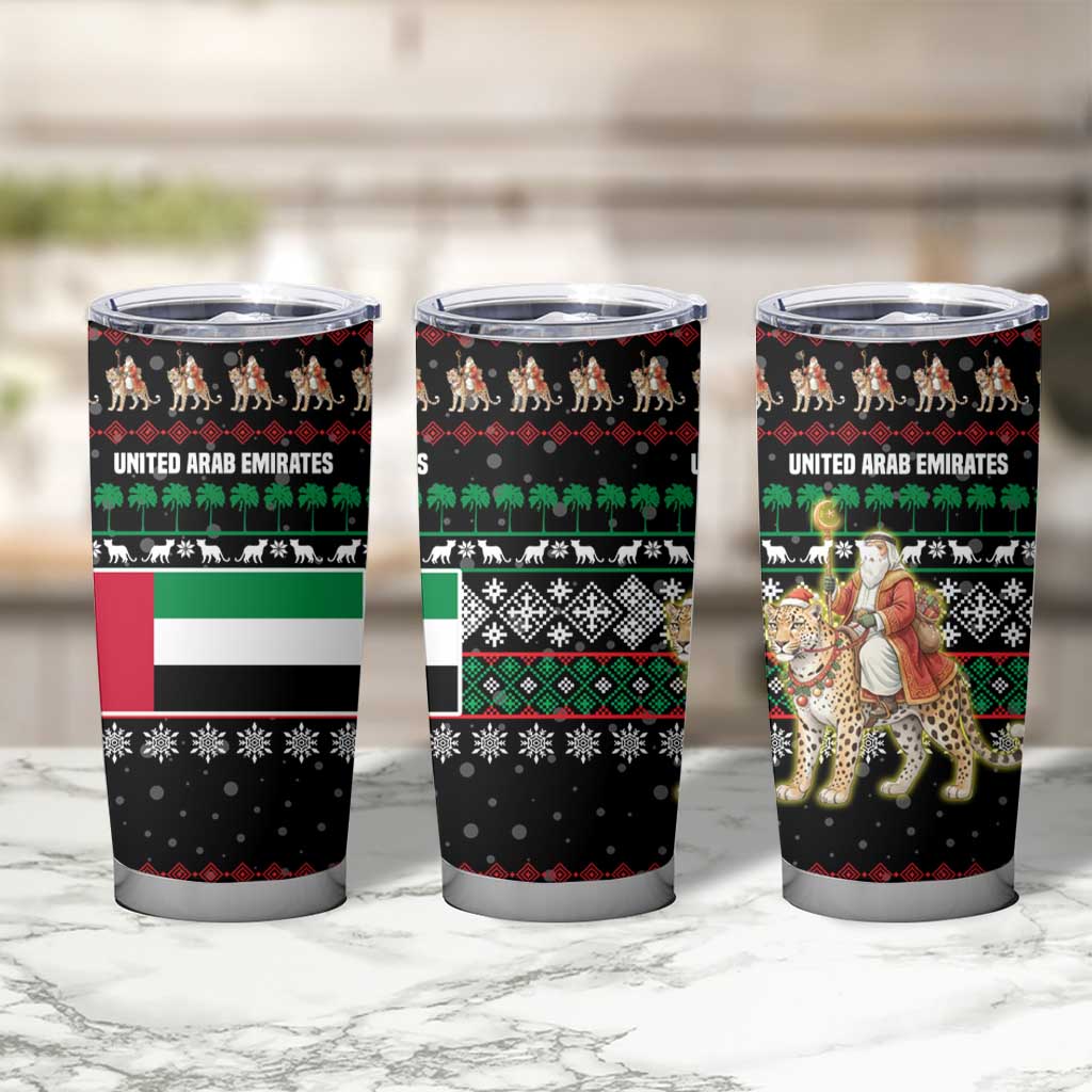 United Arab Emirates Christmas Tumbler Cup with Santa Riding Cheetah Black Snowflake Pattern and Palm Tree - Wonder Print Shop