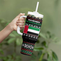 United Arab Emirates Christmas Tumbler With Handle with Santa Riding Cheetah Black Snowflake Pattern and Palm Tree - Wonder Print Shop