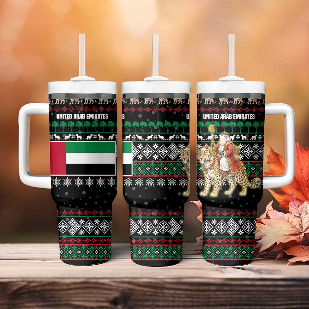 United Arab Emirates Christmas Tumbler With Handle with Santa Riding Cheetah Black Snowflake Pattern and Palm Tree - Wonder Print Shop
