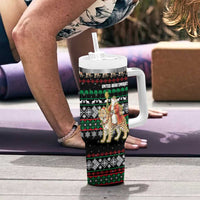 United Arab Emirates Christmas Tumbler With Handle with Santa Riding Cheetah Black Snowflake Pattern and Palm Tree - Wonder Print Shop