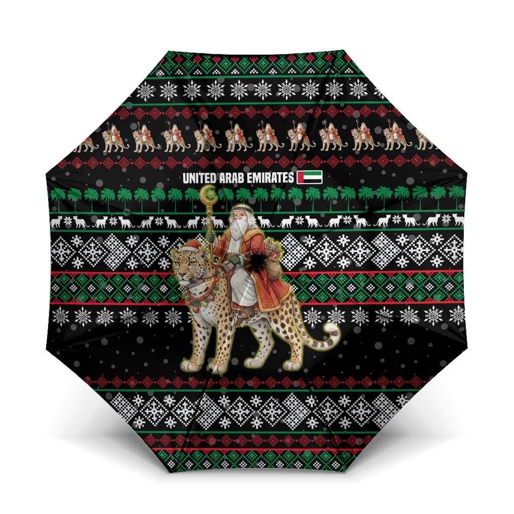 United Arab Emirates Christmas Umbrella with Santa Riding Cheetah Black Snowflake Pattern and Palm Tree - Wonder Print Shop