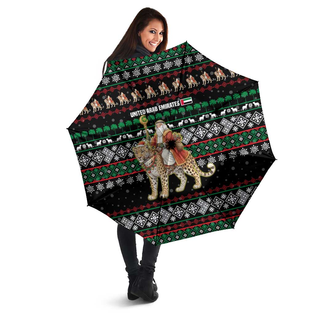 United Arab Emirates Christmas Umbrella with Santa Riding Cheetah Black Snowflake Pattern and Palm Tree - Wonder Print Shop