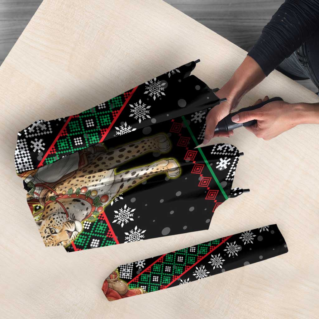 United Arab Emirates Christmas Umbrella with Santa Riding Cheetah Black Snowflake Pattern and Palm Tree - Wonder Print Shop