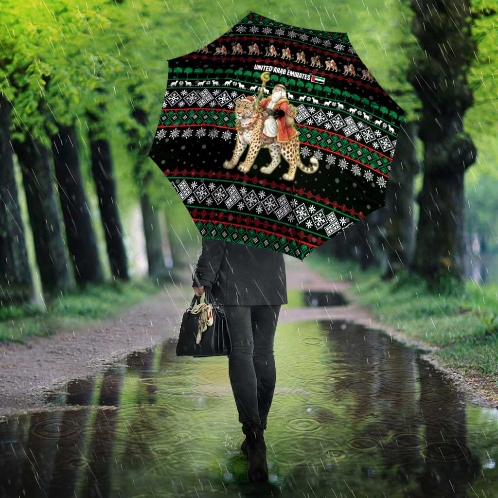 United Arab Emirates Christmas Umbrella with Santa Riding Cheetah Black Snowflake Pattern and Palm Tree - Wonder Print Shop