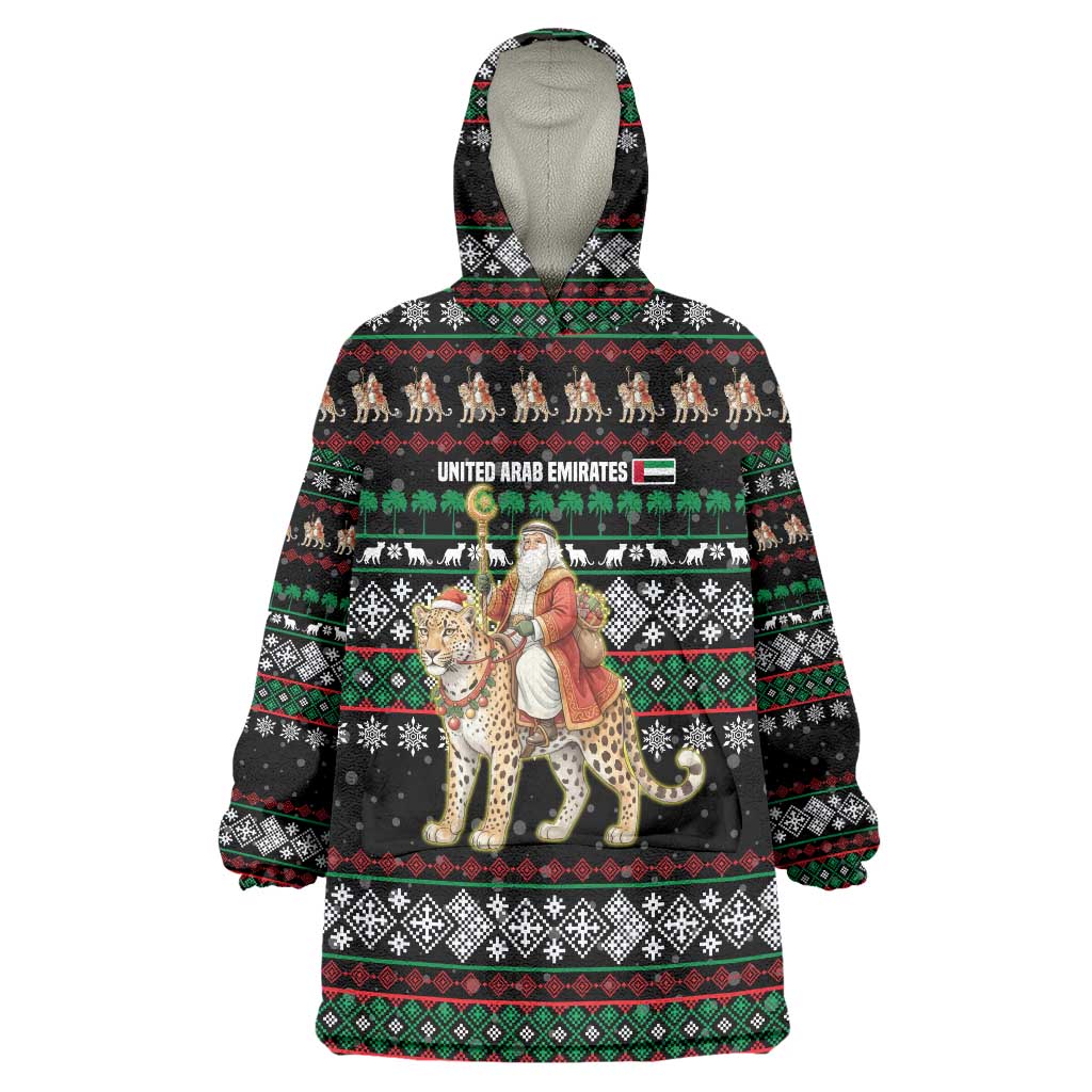 United Arab Emirates Christmas Wearable Blanket Hoodie with Santa Riding Cheetah Black Snowflake Pattern and Palm Tree - Wonder Print Shop