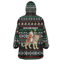 United Arab Emirates Christmas Wearable Blanket Hoodie with Santa Riding Cheetah Black Snowflake Pattern and Palm Tree - Wonder Print Shop