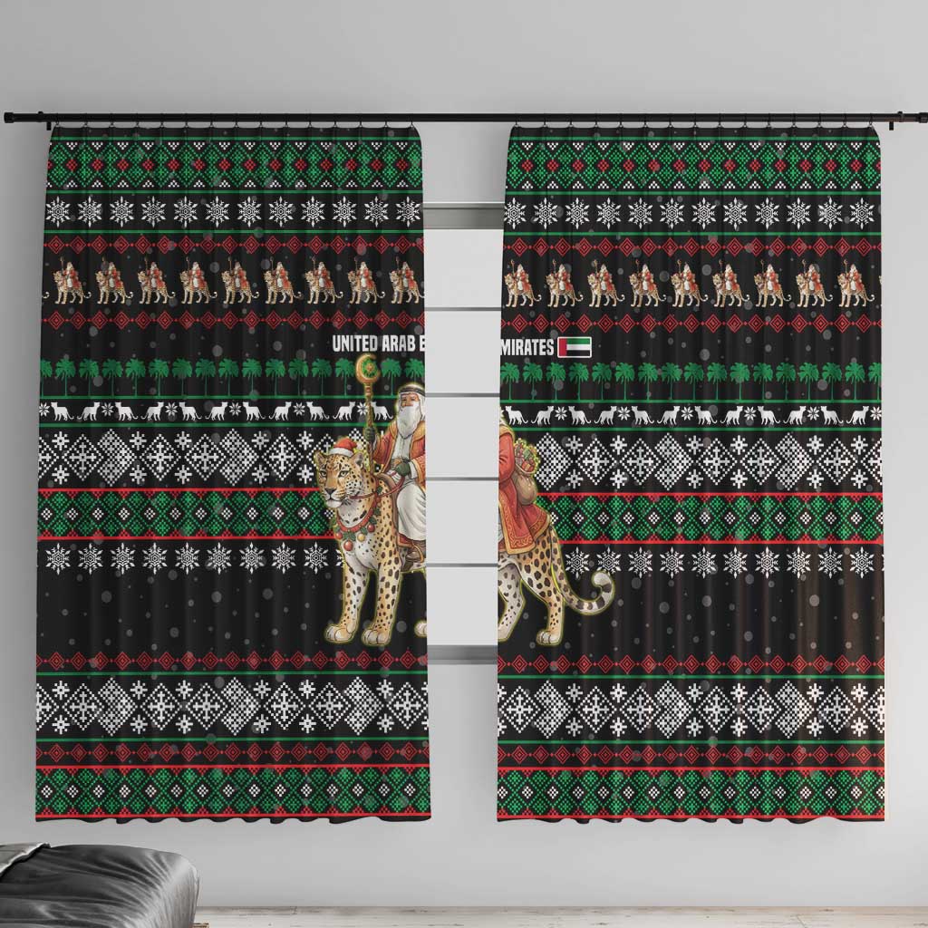 United Arab Emirates Christmas Window Curtain with Santa Riding Cheetah Black Snowflake Pattern and Palm Tree - Wonder Print Shop