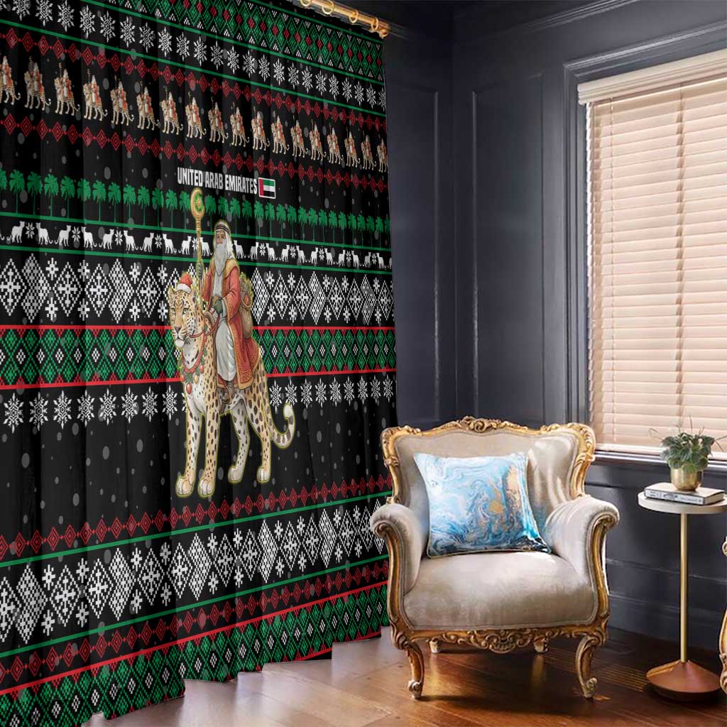 United Arab Emirates Christmas Window Curtain with Santa Riding Cheetah Black Snowflake Pattern and Palm Tree - Wonder Print Shop
