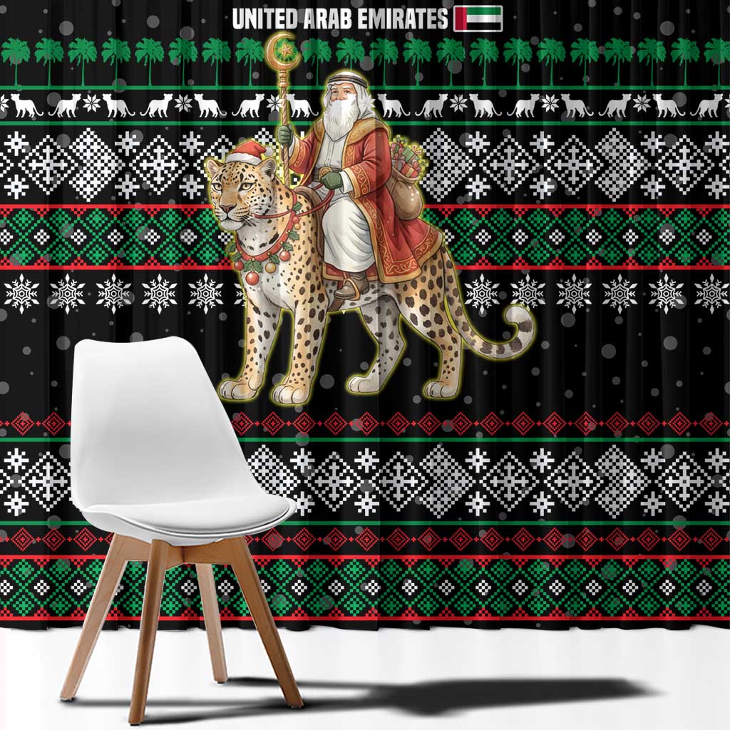 United Arab Emirates Christmas Window Curtain with Santa Riding Cheetah Black Snowflake Pattern and Palm Tree - Wonder Print Shop