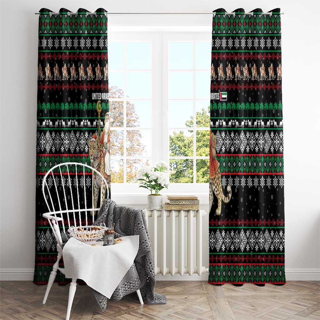 United Arab Emirates Christmas Window Curtain with Santa Riding Cheetah Black Snowflake Pattern and Palm Tree - Wonder Print Shop