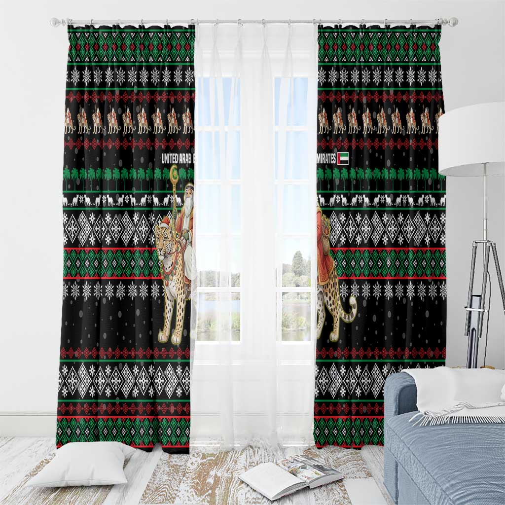 United Arab Emirates Christmas Window Curtain with Santa Riding Cheetah Black Snowflake Pattern and Palm Tree - Wonder Print Shop