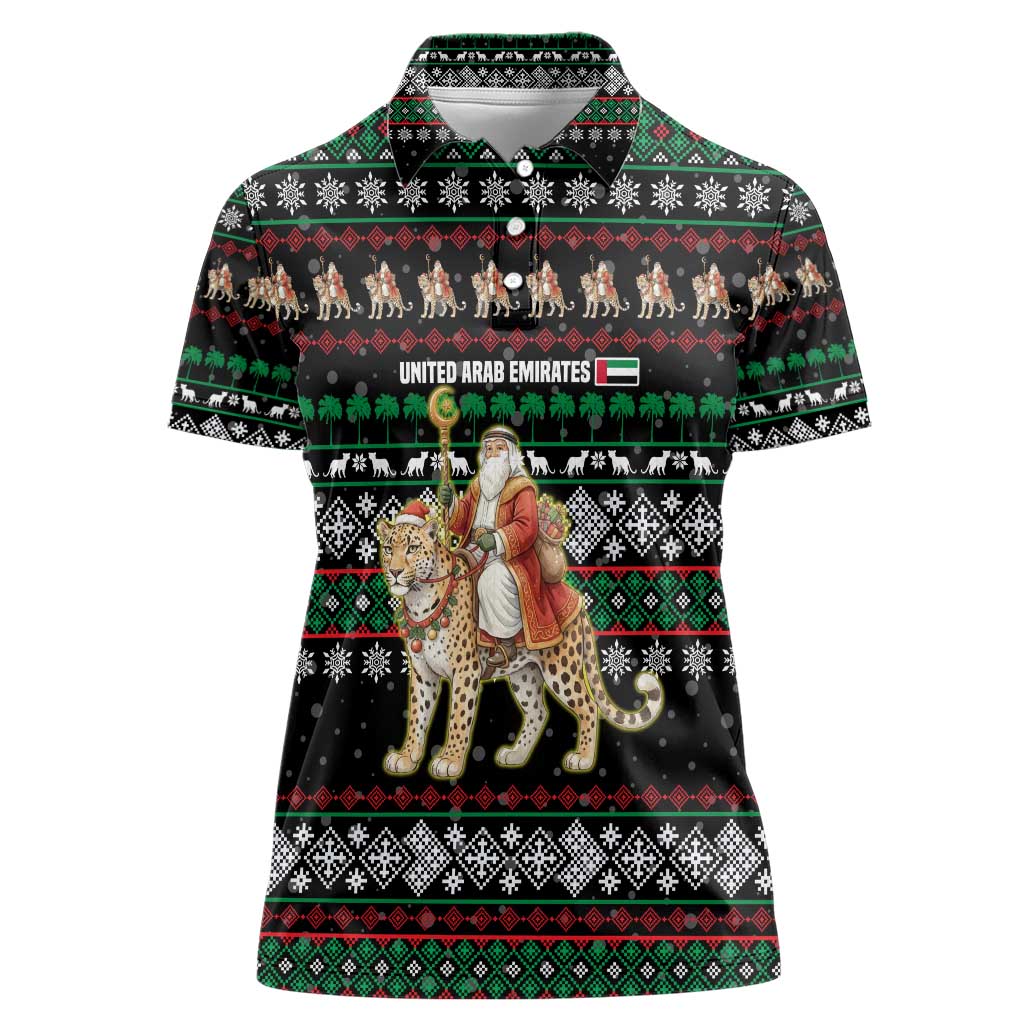 United Arab Emirates Christmas Women Polo Shirt with Santa Riding Cheetah Black Snowflake Pattern and Palm Tree - Wonder Print Shop