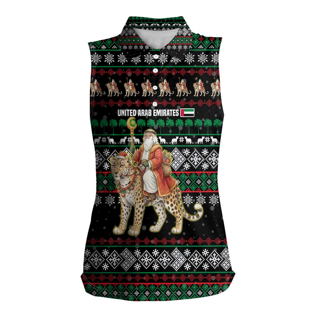 United Arab Emirates Christmas Women Sleeveless Polo Shirt with Santa Riding Cheetah Black Snowflake Pattern and Palm Tree - Wonder Print Shop