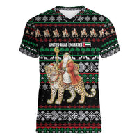 United Arab Emirates Christmas Women V-Neck T-Shirt with Santa Riding Cheetah Black Snowflake Pattern and Palm Tree - Wonder Print Shop
