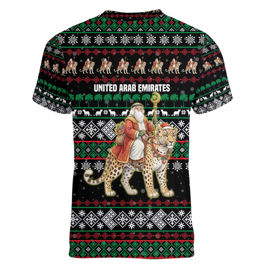 United Arab Emirates Christmas Women V-Neck T-Shirt with Santa Riding Cheetah Black Snowflake Pattern and Palm Tree - Wonder Print Shop