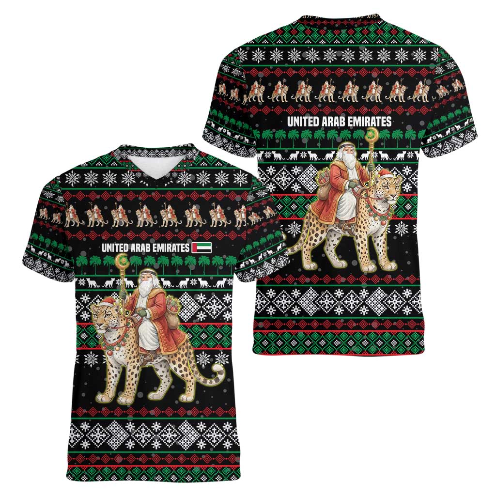 United Arab Emirates Christmas Women V-Neck T-Shirt with Santa Riding Cheetah Black Snowflake Pattern and Palm Tree - Wonder Print Shop