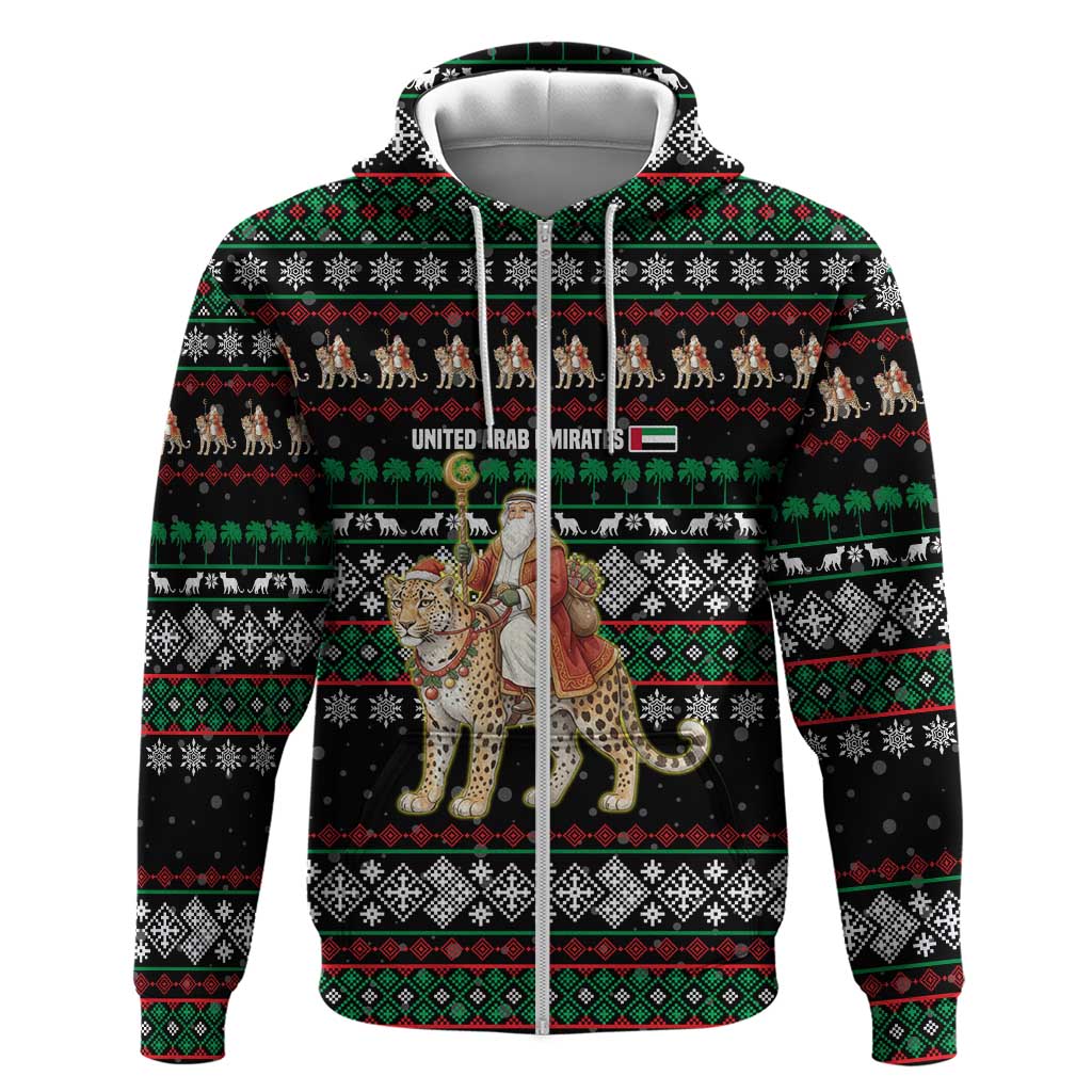 United Arab Emirates Christmas Zip Hoodie with Santa Riding Cheetah Black Snowflake Pattern and Palm Tree - Wonder Print Shop