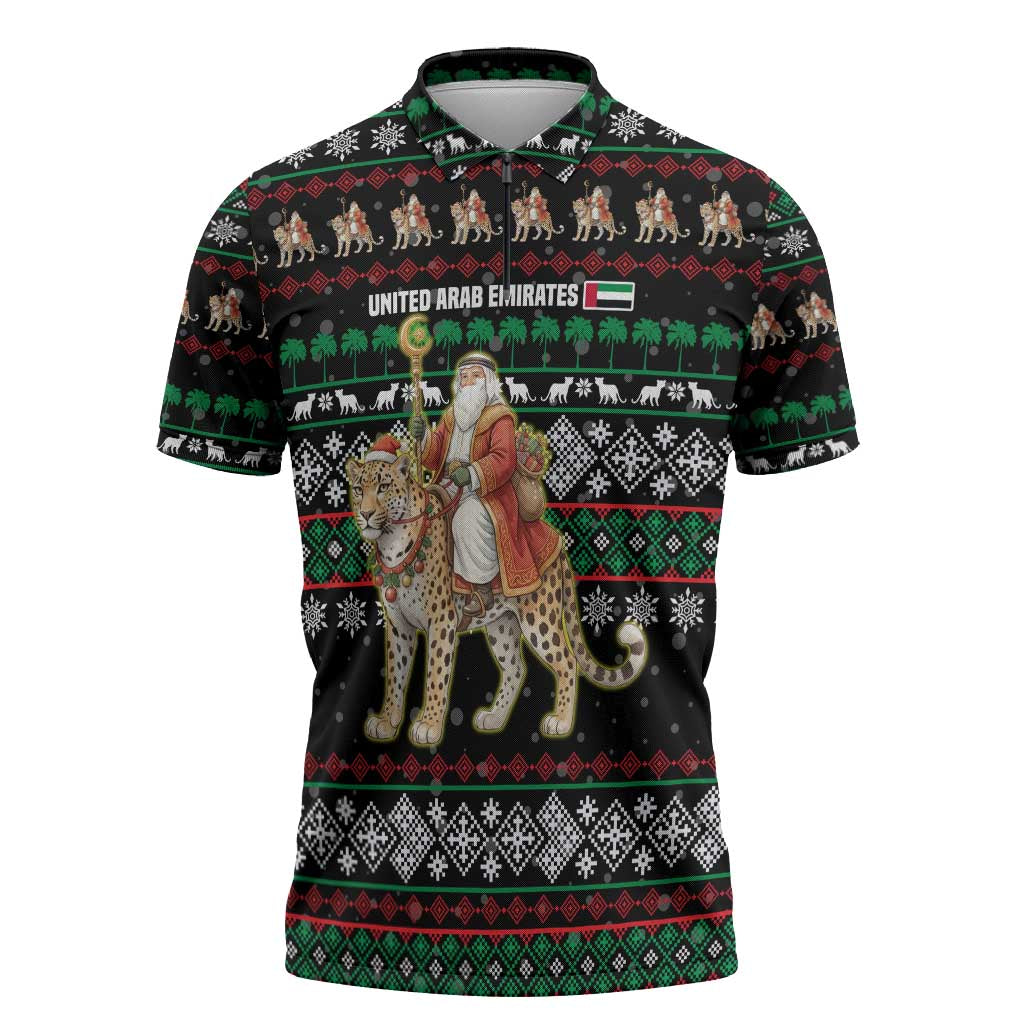 United Arab Emirates Christmas Zipper Polo Shirt with Santa Riding Cheetah Black Snowflake Pattern and Palm Tree - Wonder Print Shop