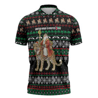 United Arab Emirates Christmas Zipper Polo Shirt with Santa Riding Cheetah Black Snowflake Pattern and Palm Tree - Wonder Print Shop