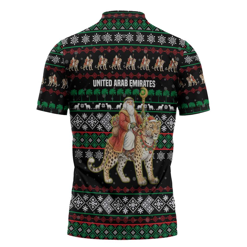 United Arab Emirates Christmas Zipper Polo Shirt with Santa Riding Cheetah Black Snowflake Pattern and Palm Tree - Wonder Print Shop