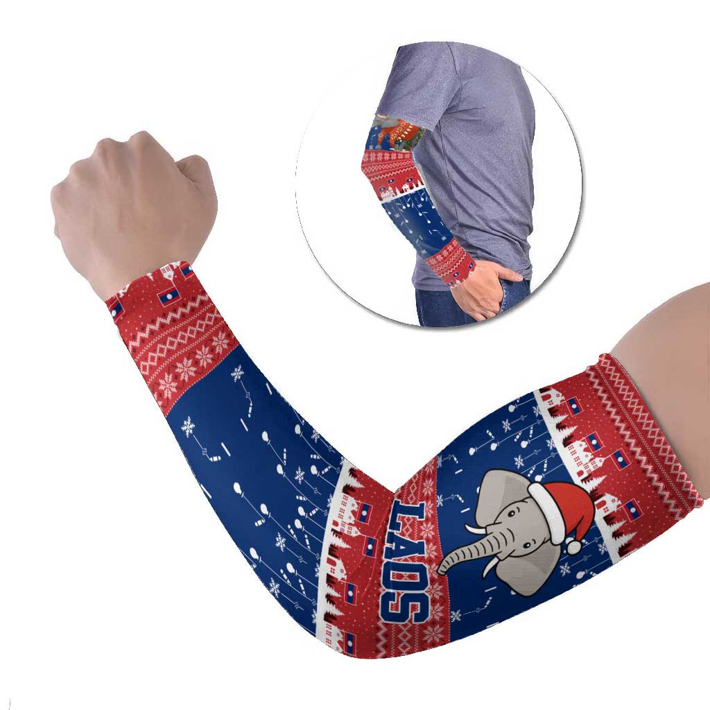 Laos Christmas Arm Sleeves with Festive Elephant Design and Holiday Village Pattern - Wonder Print Shop