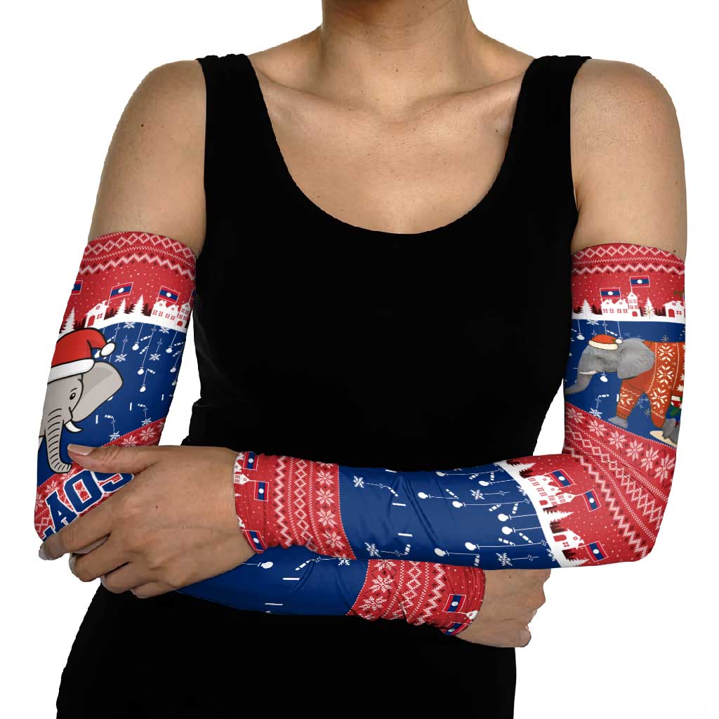 Laos Christmas Arm Sleeves with Festive Elephant Design and Holiday Village Pattern - Wonder Print Shop