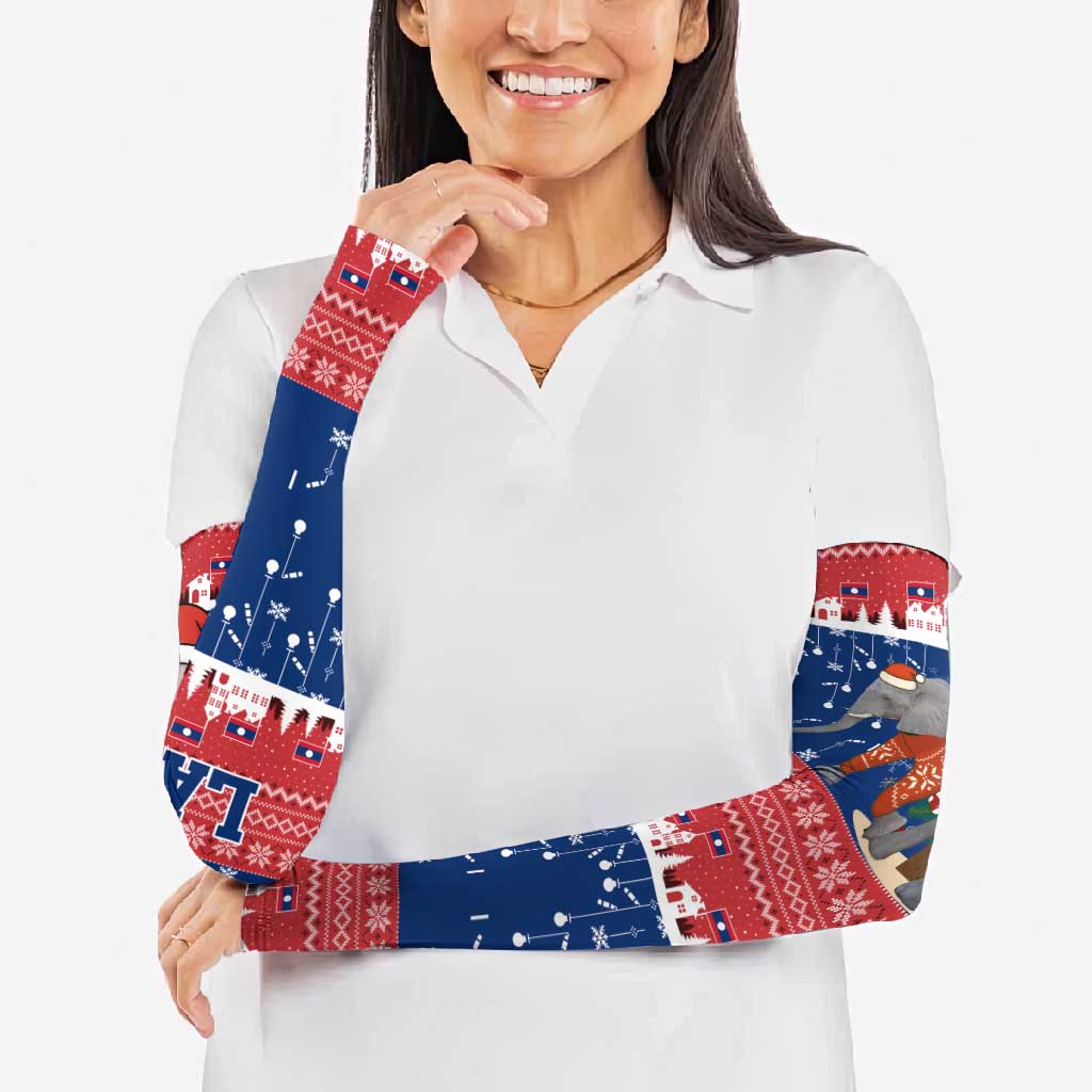 Laos Christmas Arm Sleeves with Festive Elephant Design and Holiday Village Pattern - Wonder Print Shop
