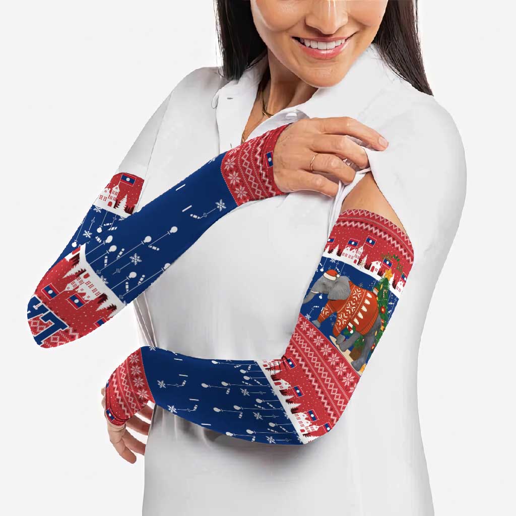 Laos Christmas Arm Sleeves with Festive Elephant Design and Holiday Village Pattern - Wonder Print Shop