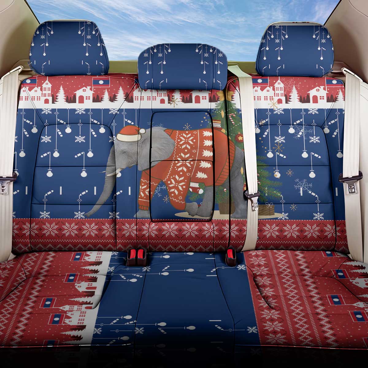 Laos Christmas Back Car Seat Cover with Festive Elephant Design and Holiday Village Pattern - Wonder Print Shop