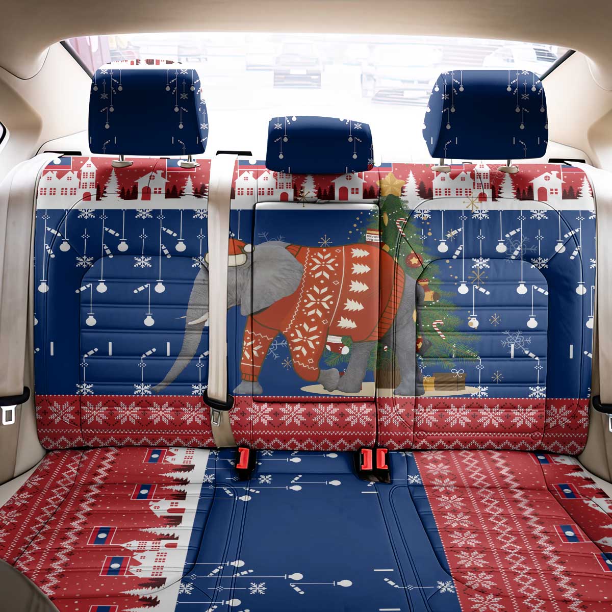 Laos Christmas Back Car Seat Cover with Festive Elephant Design and Holiday Village Pattern - Wonder Print Shop